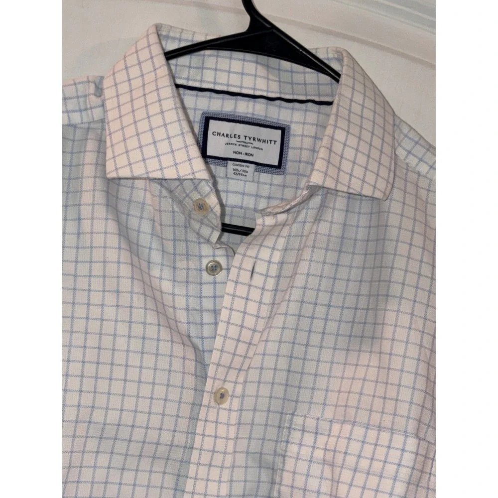 Charles Tyrwhitt Mens Non Iron Classic Fit Dress Shirt 16.5X33 Blue Windowpane